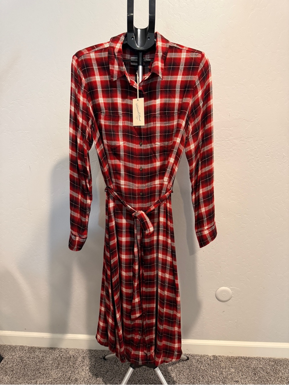 Universal Thread Red Plaid Long-Sleeve Shirt Dress with Belt